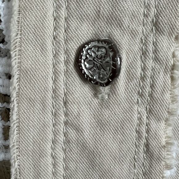 POL Overcoat Jacket Women's L Button Up Collage Lace Floral Beige Distressed - Picture 5 of 10